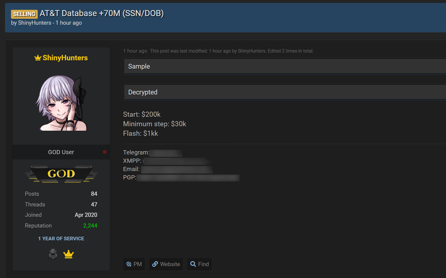 ShinyHunters раскрыла информацию о попытке продать утечку данных AT&T
