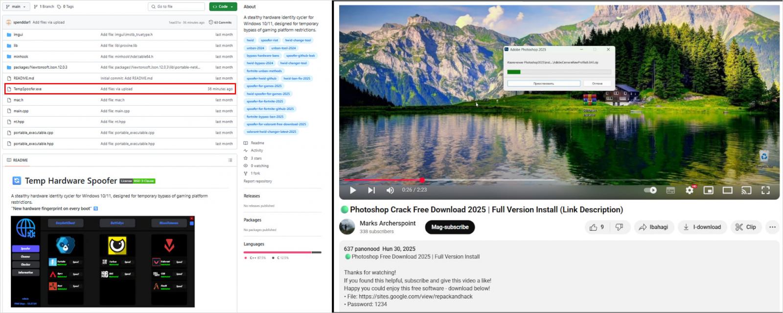 Вредоносный репозиторий GitHub (слева) и видео YouTube (справа), распространяющее Lumma