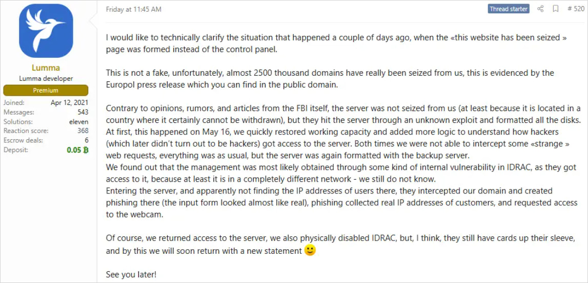 Первое сообщение администратора Lumma после действий правоохранительных органов