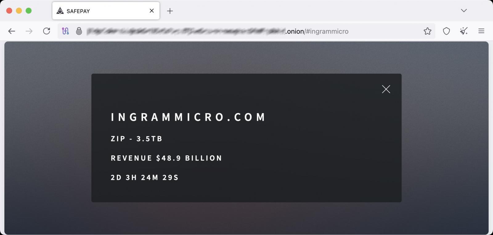 Запись Ingram Micro о сайте утечки SafePay